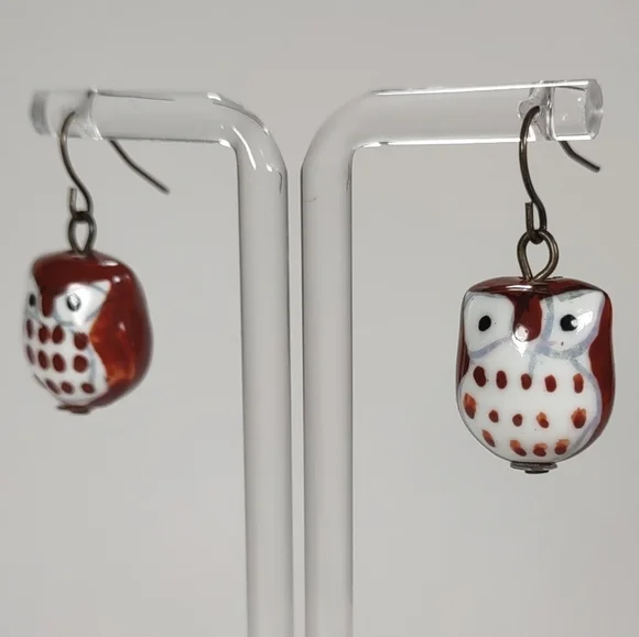 Handmade Cute Little Ceramic Bead Owl Fishhook Post Earrings - Picture 3 of 7